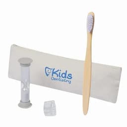 A dental care kit featuring a wooden toothbrush, timer, and storage pouch in light grey with a logo.
