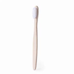 A bamboo toothbrush with a light wooden handle and white bristles. It features a simple and eco-friendly design.