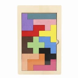 A wooden puzzle with multiple colourful geometric pieces arranged in various shapes within a rectangular frame.