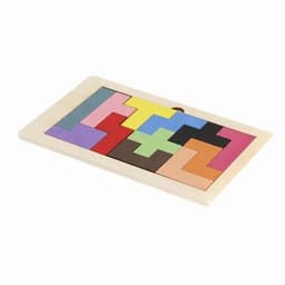 A wooden puzzle with variously coloured geometric pieces arranged on a flat base. The design features a mix of shapes.