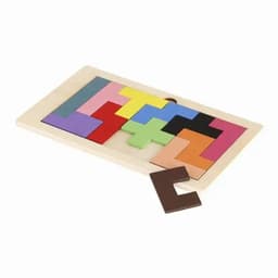 A wooden puzzle with various colourful geometric pieces, including a brown piece removed from the main puzzle.