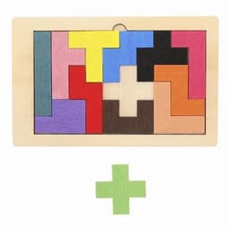A wooden puzzle featuring various coloured geometric pieces, with a green plus-shaped piece at the bottom.