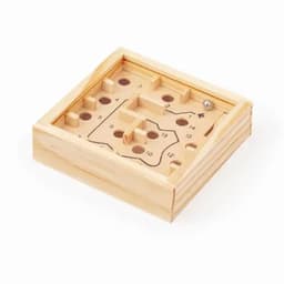 A wooden maze game featuring a ball that navigates through various paths and holes in a light-coloured frame.