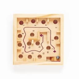 A wooden maze puzzle featuring a ball path with numbered points and a hole for ball exit. The maze includes various holes.