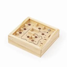 A wooden maze game with a ball, featuring numbered holes and a pathway for guided movement.