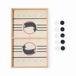 A wooden game board featuring two play areas with a circular design, accompanied by black and white tokens.