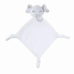 A soft, grey and white elephant comforter with a diamond-shaped body and four knot corners.