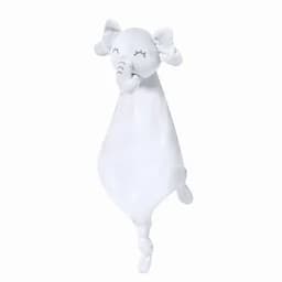 A plush white elephant comforter with embroidered facial features and floppy ears. It has a soft, blanket-like body.