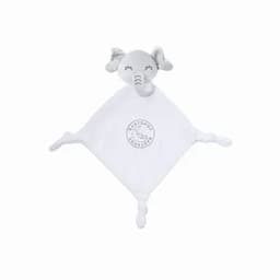 A comforter featuring a grey elephant head and a white blanket with knotted corners. It has a logo on the centre.
