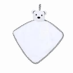 A white baby blanket in a diamond shape with a bear head at the top and a grey rope for hanging.