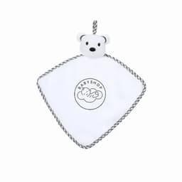 A white baby comforter with a bear head and a black logo at the centre, featuring grey trim and a hanging loop.