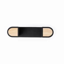 A black and bamboo accent tray with rounded edges, featuring two wooden sections at either end.