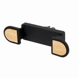 A mobile phone holder with black sides and wooden accents, designed to secure devices.