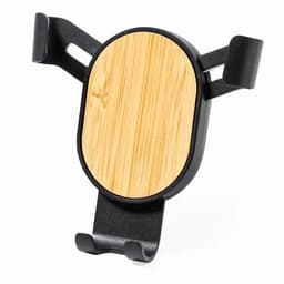 A phone holder with a black frame and a circular bamboo backing, designed for mounting in vehicles.