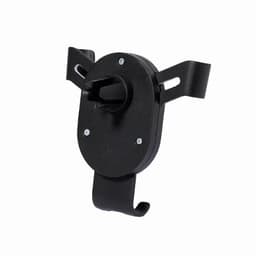 A black drink bottle holder with adjustable prongs and a hook for hanging. It features a simple design with screws visible.
