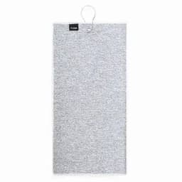A grey towel hanging with a loop for easy storage. The towel features a soft fabric texture.