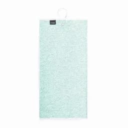 A mint green promotional product with a textured surface and a hanger tag. It features a logo.