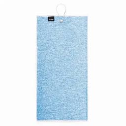 A blue promotional towel with a loop for hanging and a small branding label at the top.