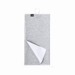 A grey dish towel with a white underside, featuring a loop for hanging and a small logo tag.