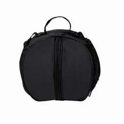 A round black bag with a zipper and a handle on top, featuring mesh side pockets.