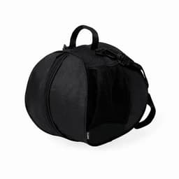 A black promotional bag with a rounded shape, featuring a mesh pocket and carrying handle. It includes a zipper closure.
