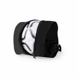 A black soccer ball bag with a zippered compartment, holding a white soccer ball inside.