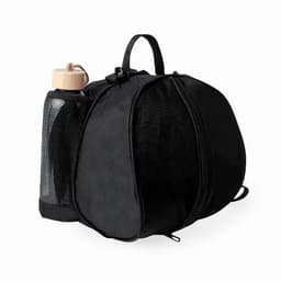 A black bag with a mesh pocket, featuring a drink bottle with a wooden lid attached.
