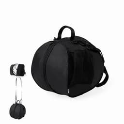 A round black carry bag with a mesh panel, featuring a zippered compartment and adjustable straps.