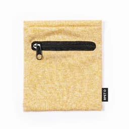 A zippered pouch in a textured yellow fabric, featuring a black zipper and a small logo on the side.