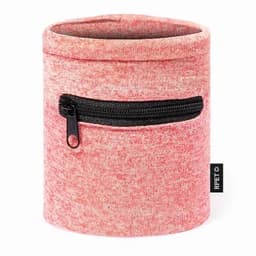 A pink and grey fabric container with a zip pocket, featuring a small logo on the side.
