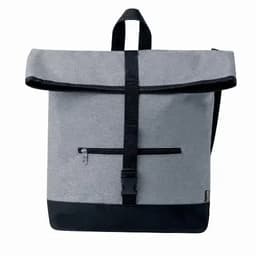 A backpack featuring a grey fabric exterior with a black bottom, adjustable straps, and a front zip pocket.