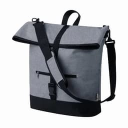 A grey and black shoulder bag with a flap and adjustable strap, featuring a front zip pocket and a logo.