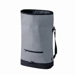 A grey drink bottle with a black base, featuring a zip pocket and an adjustable strap. It has a logo on the side.