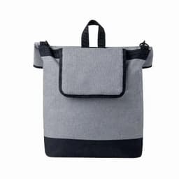 A grey bag with a flap closure and top handle, featuring a darker bottom section and side straps. It has a logo.