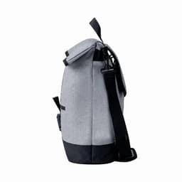 A grey and black bag with a strap, featuring a top closure and a side pocket, has a logo on it.
