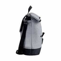A grey and black bike bag with a shoulder strap, featuring a logo and a flap closure.
