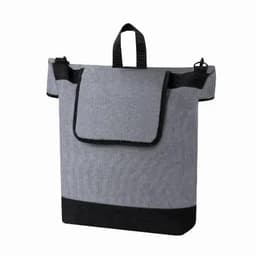 A grey and black bag with a fold-over lid and two top handles. It features a simple design and a logo.