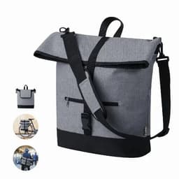 A grey and black messenger bag with a roll-top closure, featuring an adjustable strap and multiple compartments.