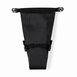 A black hydration pack with adjustable straps and a sleek design, featuring a logo on the material.