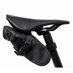A bike saddle with a black saddle bag attached, featuring adjustable straps for secure fitting.