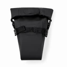 A drink bottle holder in black with a strap for securing it. The design is sleek and streamlined.