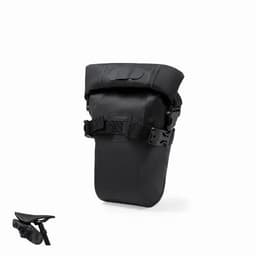 A bike saddle bag in black, featuring a roll top closure and adjustable straps. It has a sleek, waterproof design.