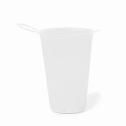 A drink bottle in translucent white featuring a looped handle and a simple design. It has a logo on its surface.