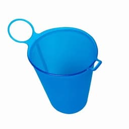 A drink bottle in a solid blue colour with a handle and a smooth, rounded design. It features a branding logo.