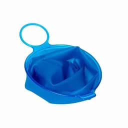 A blue silicone folding bowl with a circular handle, designed for easy storage and portability.
