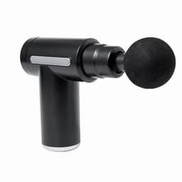 A massage gun with a sleek black design, featuring a round black attachment for targeted relief.