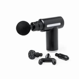 A black massage gun with multiple interchangeable attachments, displayed on a white background.