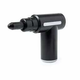 A black promotional product with a textured grip and a pointed tip, featuring a silver accent and a logo.