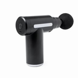 A massage gun in black with a round attachment, featuring a sleek design and a button on the handle.