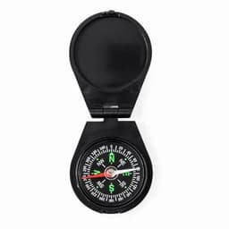 A black compass with a circular face displaying cardinal directions and a needle, housed in a folding case.